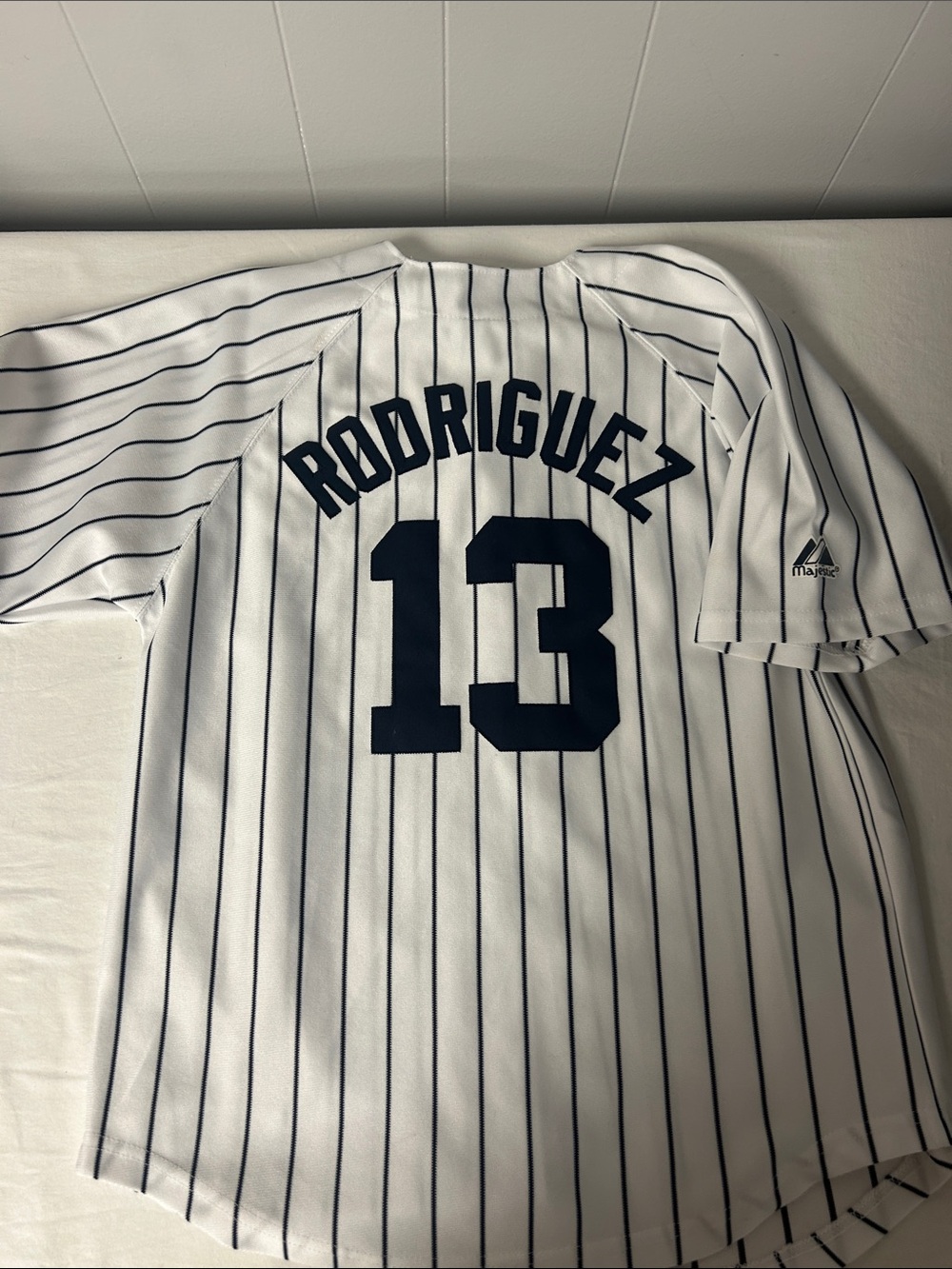 Majestic White Pinstripe Baseball Jersey with Navy Lettering #13 Rodriguez 10/12